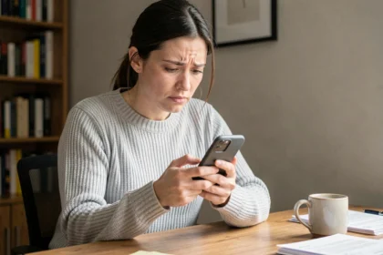Femme confuse composant un numéro international +44 sur son smartphone depuis un bureau à domicile