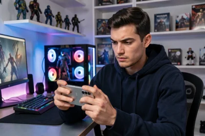 Jeune homme tenant un smartphone Samsung Galaxy en mode paysage pour jouer à un jeu mobile dans une chambre gaming