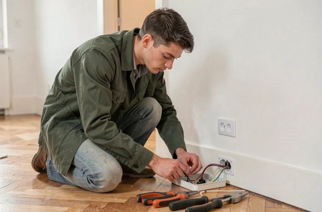 Électricien Jbat Travaux raccordant des prises électriques dans un appartement rénové