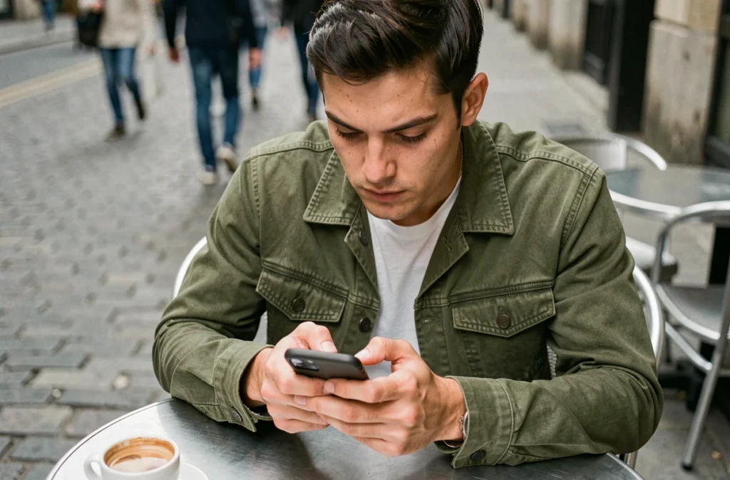 Jeune homme vérifiant l'indicatif +44 sur son téléphone dans un café en plein air avant d'appeler le Royaume-Uni