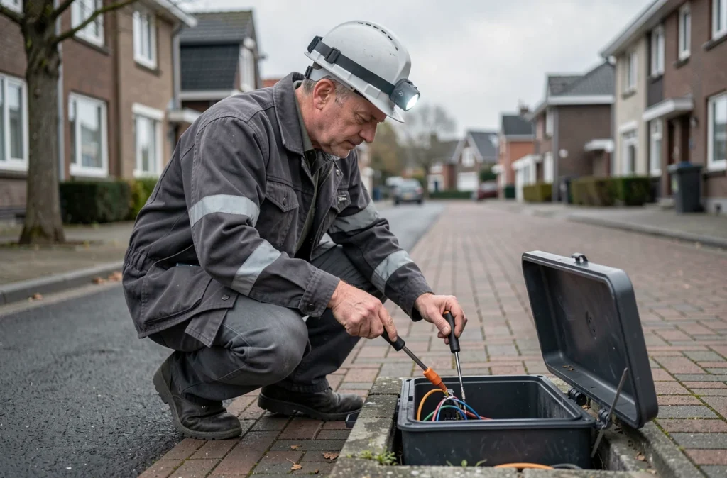 Électricien Lecomte Electric intervenant sur un coffret souterrain dans une rue résidentielle