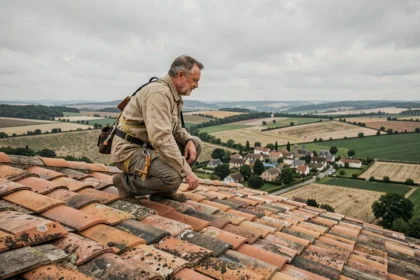 Couvreur professionnel travaillant sur un toit en tuiles dans la Vienne avec vue sur la campagne