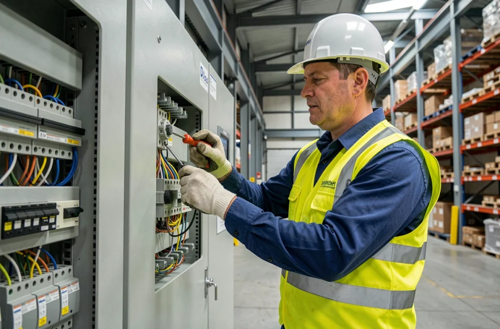 Électricien Pauwels travaillant sur un tableau électrique industriel dans un entrepôt