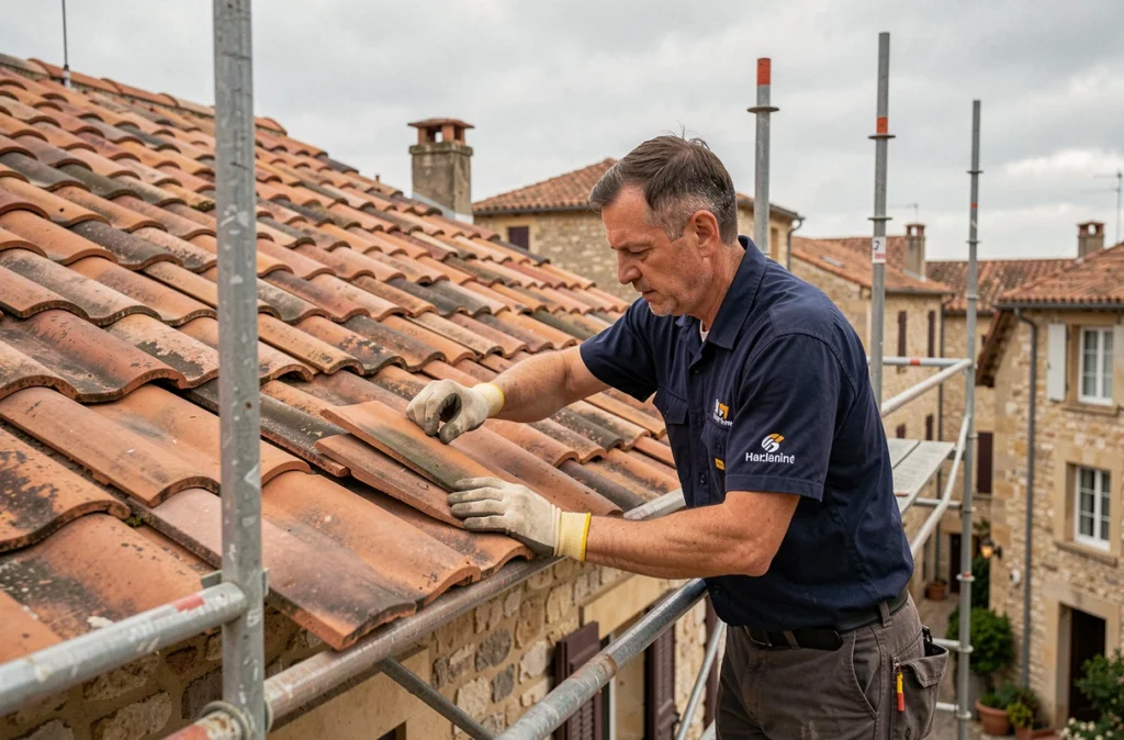 Artisan couvreur de la SARL Audineau posant des tuiles sur une maison en pierre dans la Vienne