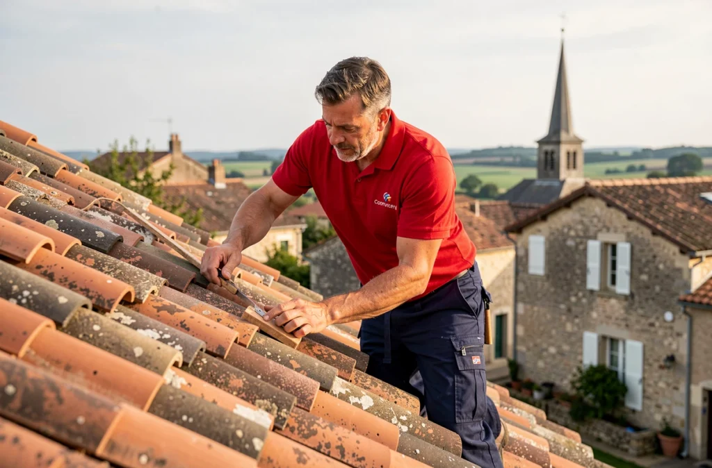 Ouvrier de la SARL Deniau fixant des tuiles faîtières sur une maison de village dans la Vienne