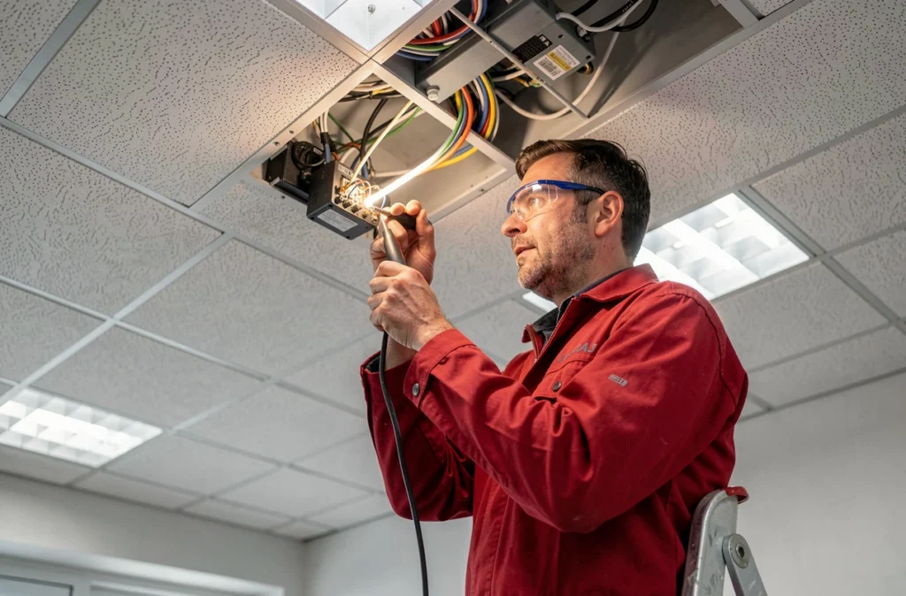 Électricien THCL Électricité raccordant des connexions dans un faux plafond commercial