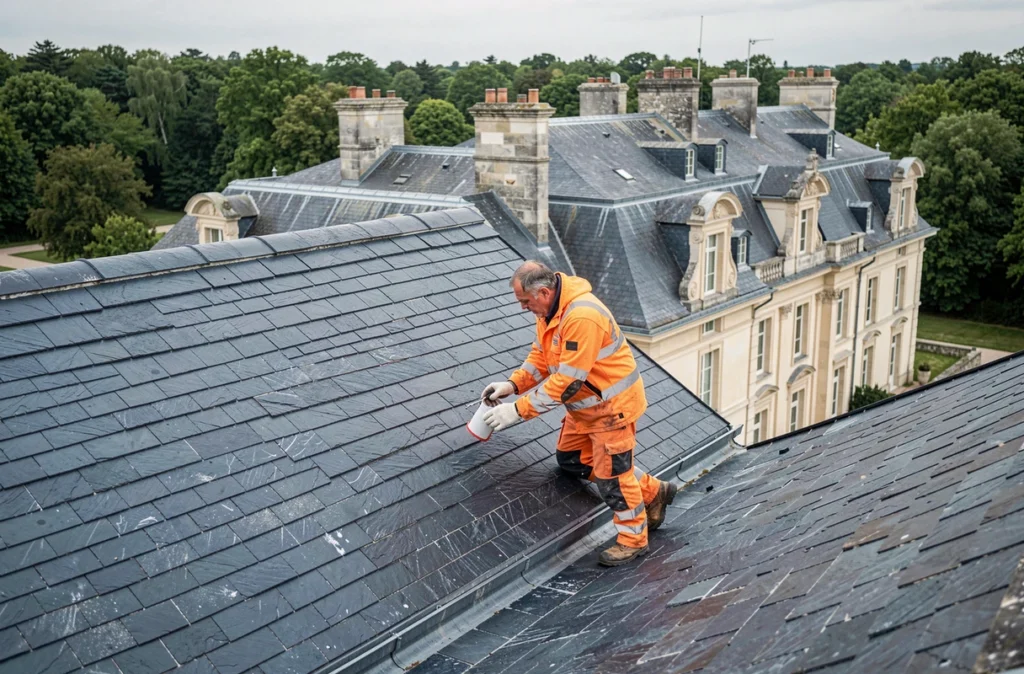 Couvreur de Toitures de l'Ouest inspectant un toit en ardoise sur un manoir de la Vienne