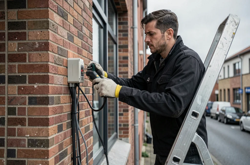 Électricien Tselec raccordant des câbles extérieurs sur la façade d'un bâtiment commercial
