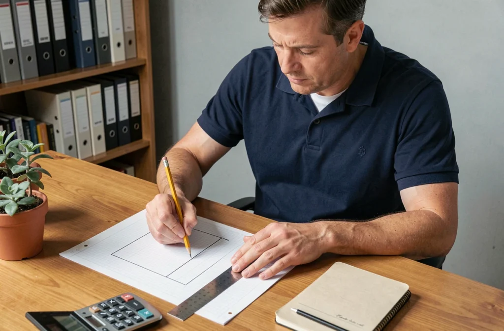 Homme calculant l'aire d'un rectangle sur papier quadrillé avec règle et calculatrice dans un bureau