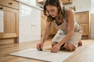 Femme mesurant un carrelage rectangulaire au sol dans une cuisine moderne pour calculer son aire
