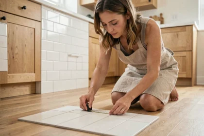 Femme mesurant un carrelage rectangulaire au sol dans une cuisine moderne pour calculer son aire